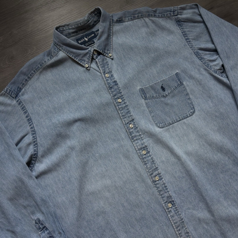 Vintage Ralph Lauren Denim Big Shirt Mens 2XL Blue Pocket Oxford Long Sleeve